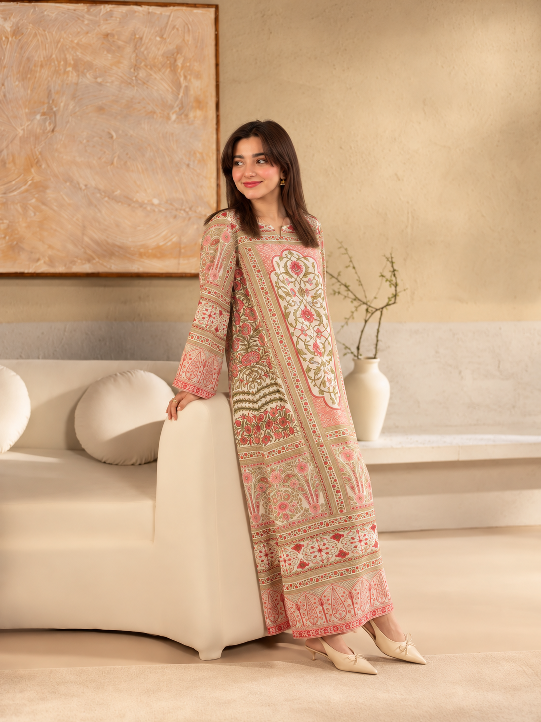 Gulistan Kaftan ivory, pink and olive printed crepe two-piece outfit, three quarter view.