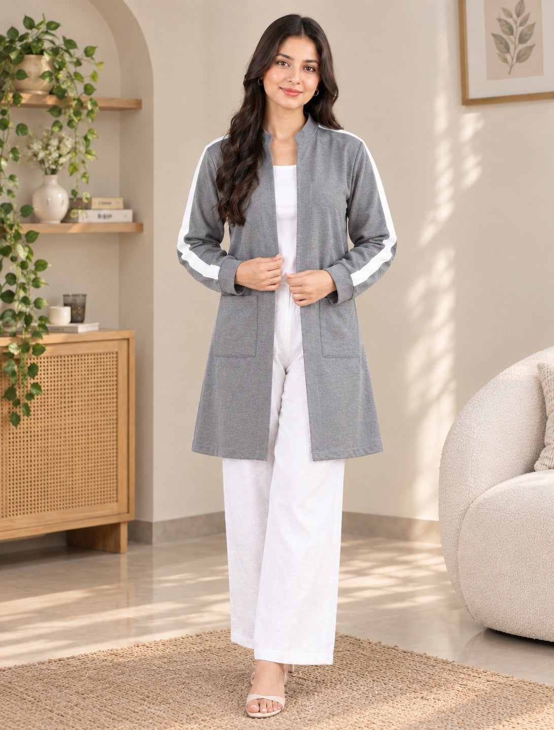 Linea Stripe Coat — Grey — front