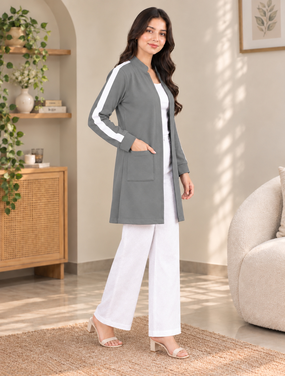 Linea Stripe Coat — Grey — side