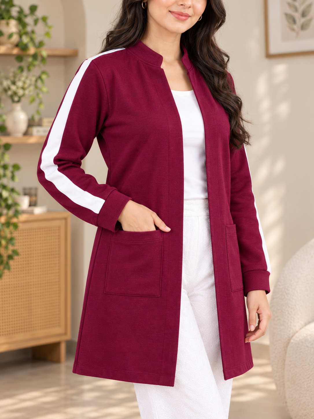 Linea Stripe Coat — Maroon — closeup