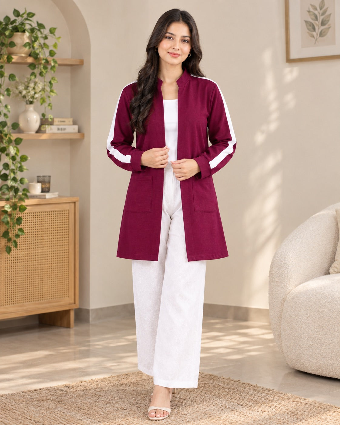 Linea Stripe Coat — Maroon — front