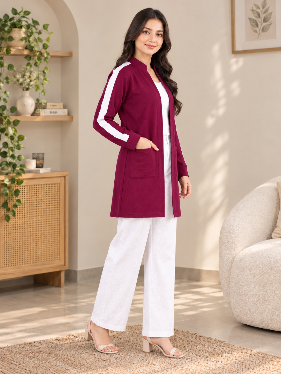 Linea Stripe Coat — Maroon — side
