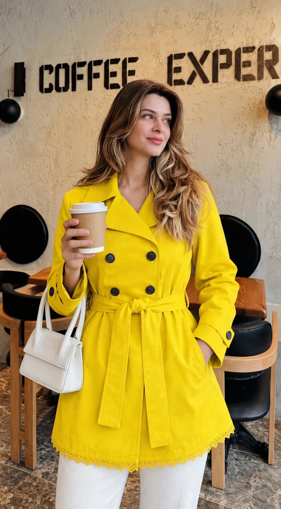 Marigold Belted Coat in yellow, coffee view