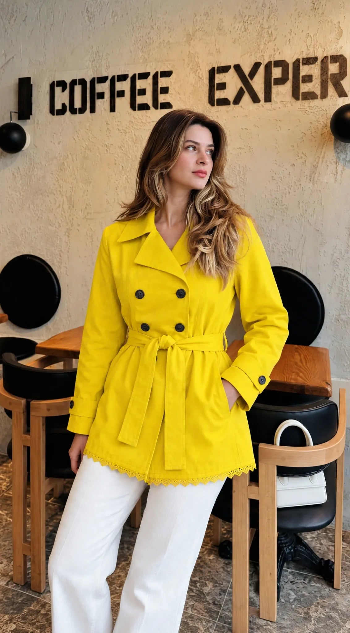 Marigold Belted Coat in yellow, front view
