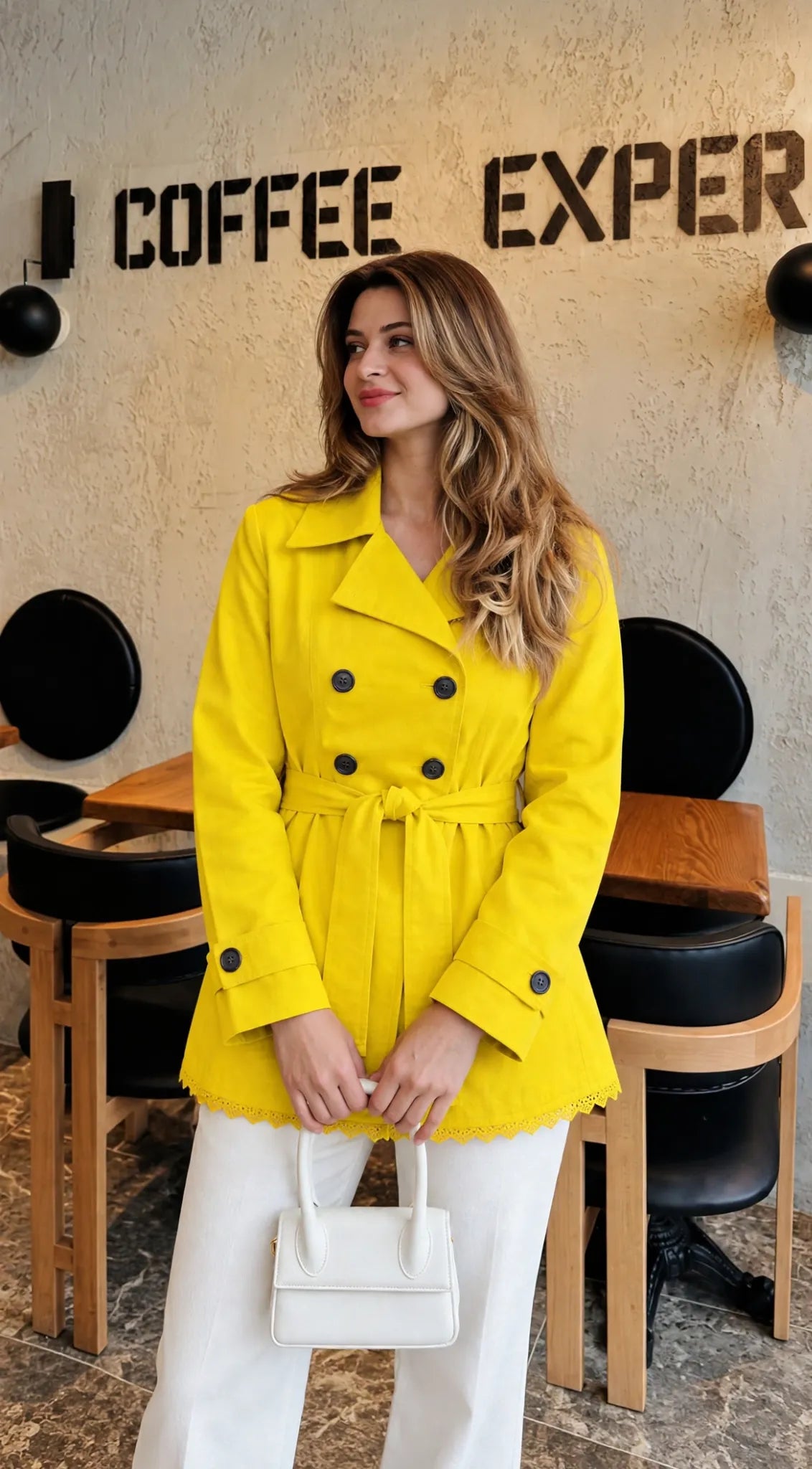 Marigold Belted Coat in yellow, handbag view