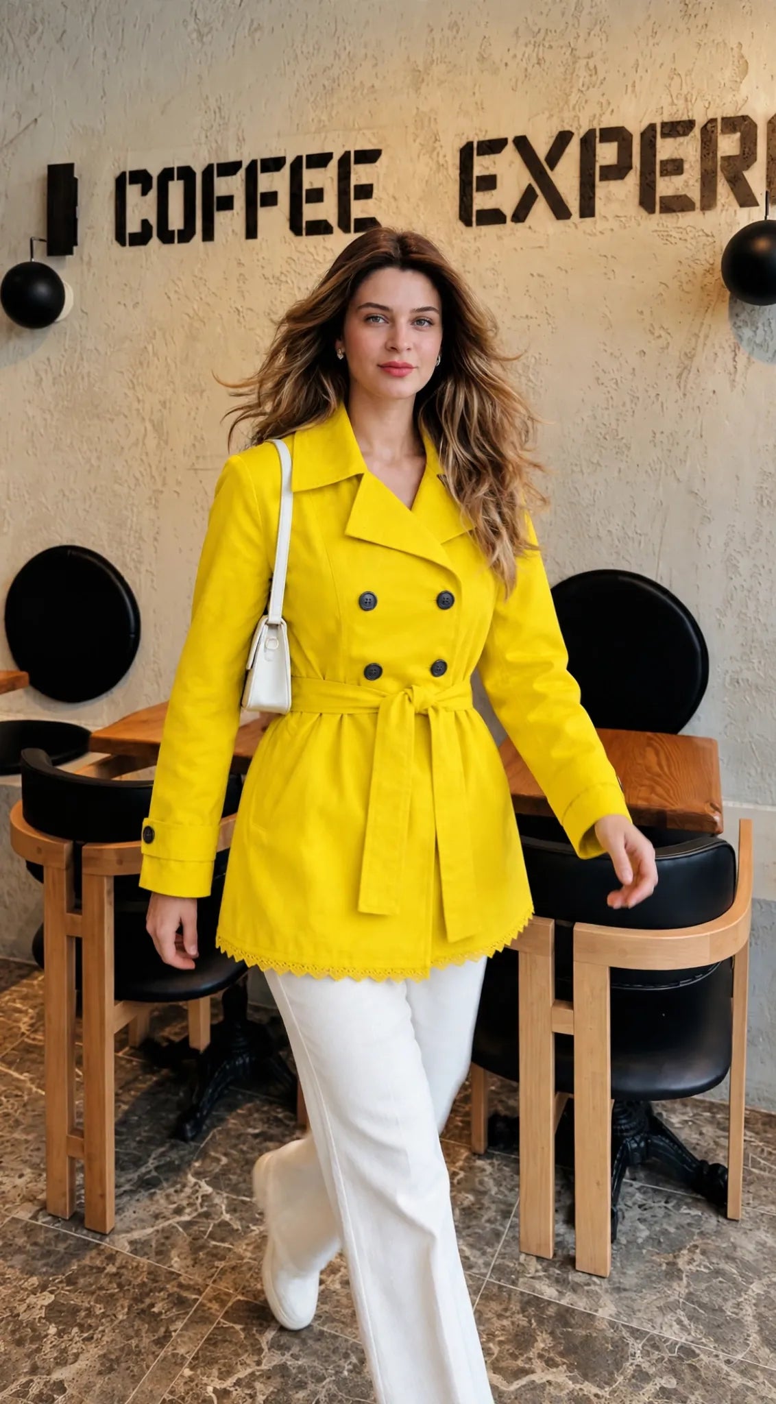 Marigold Belted Coat in yellow, walking view