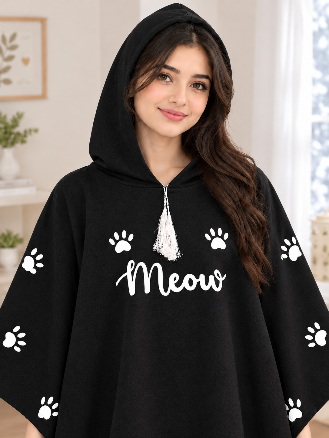 Meow Cozy Poncho — Black — closeup
