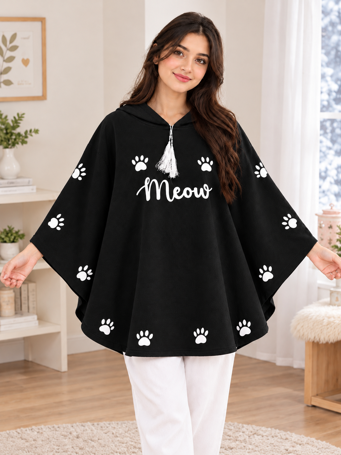 Meow Cozy Poncho — Black — front
