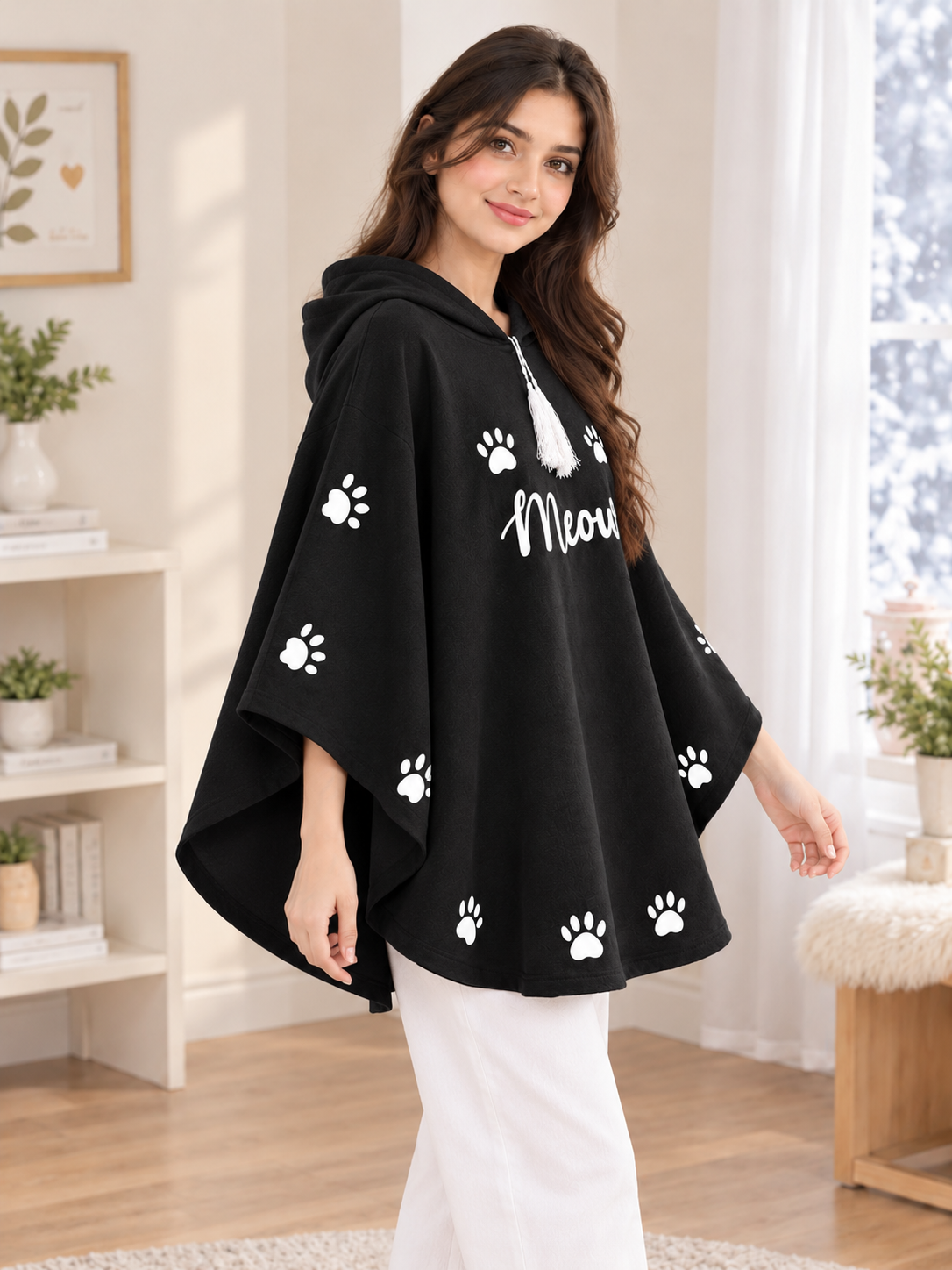Meow Cozy Poncho — Black — side