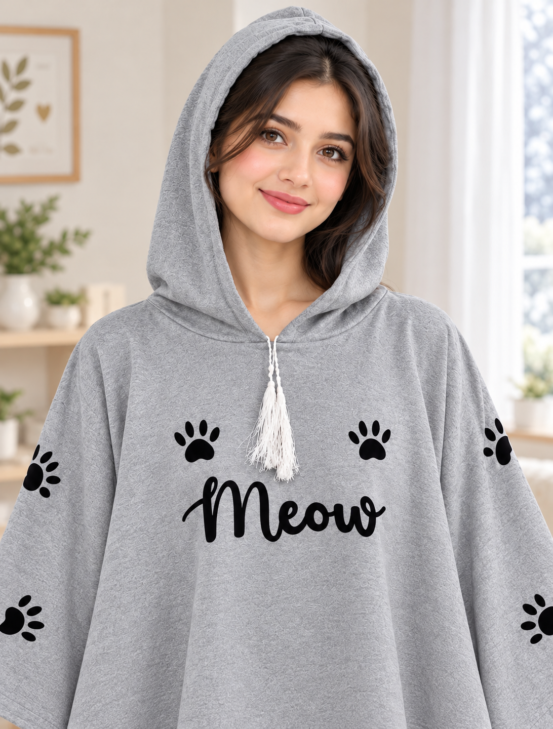 Meow Cozy Poncho — Grey — closeup