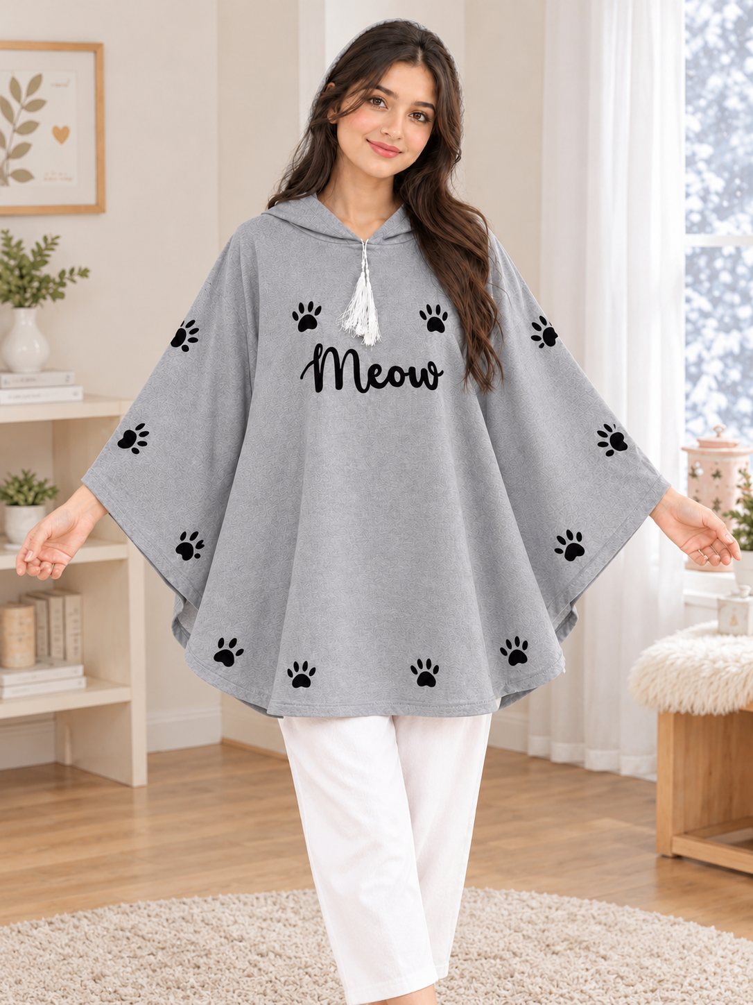 Meow Cozy Poncho — Grey — front