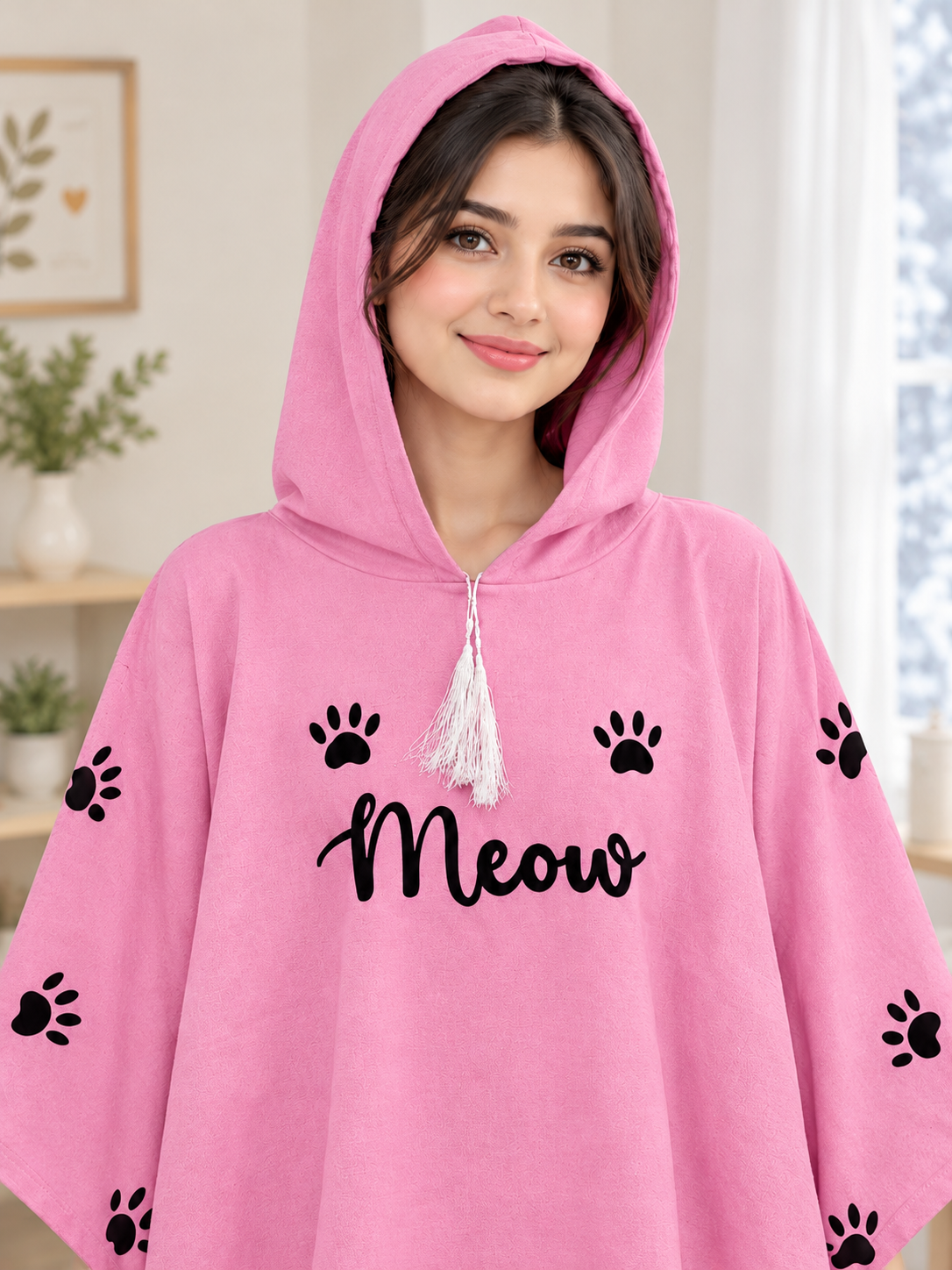 Meow Cozy Poncho — Pink — closeup