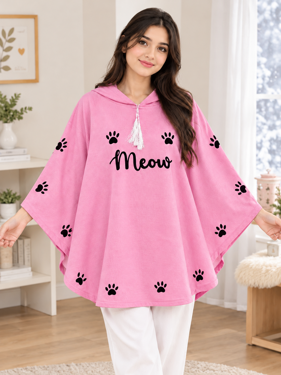 Meow Cozy Poncho — Pink — front