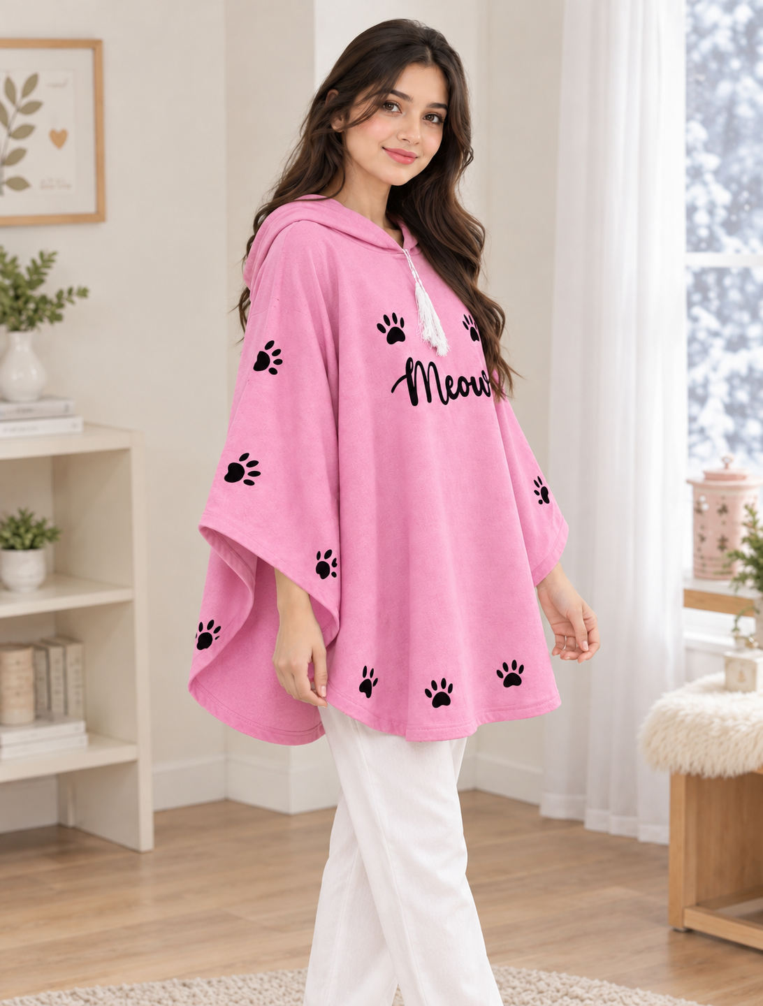 Meow Cozy Poncho — Pink — side
