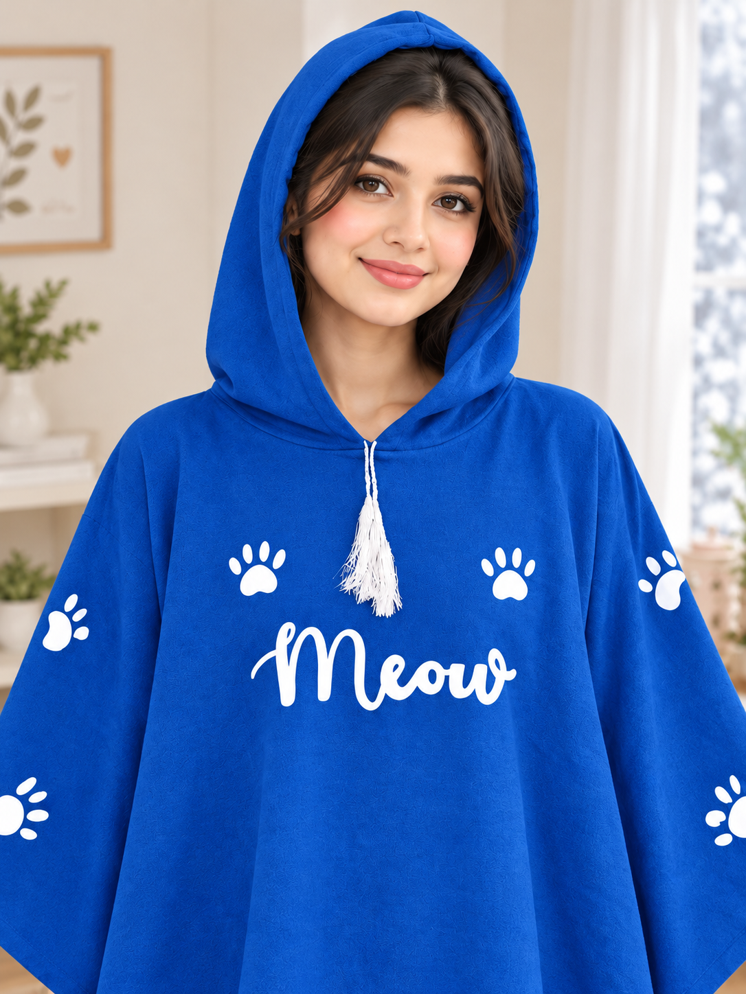 Meow Cozy Poncho — Royal Blue — closeup
