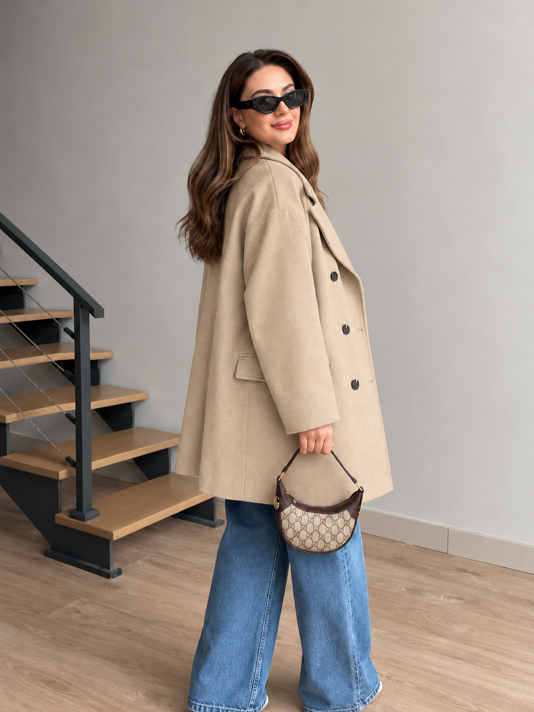 Metro Fleece Coat Beige side view with bag