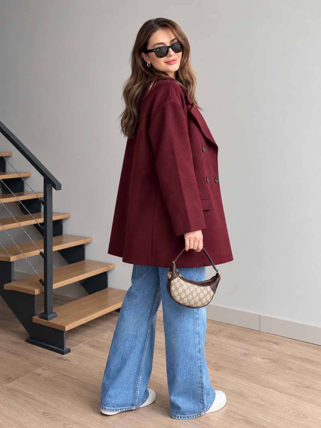Metro Fleece Coat Burgundy side view with bag