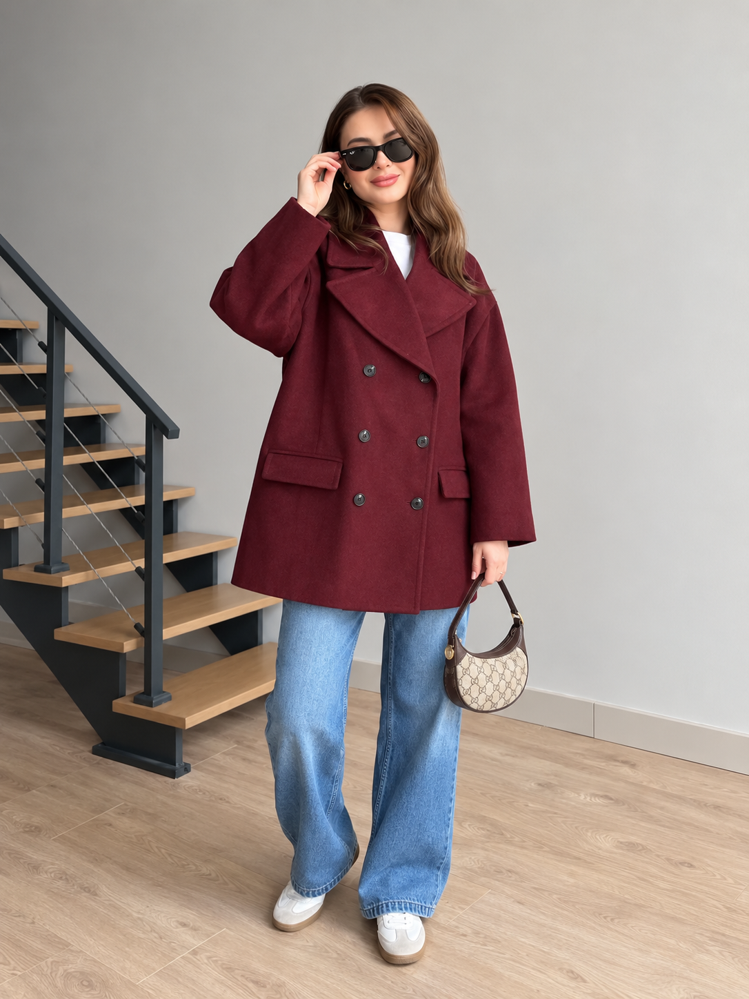 Metro Fleece Coat Burgundy sunglasses view with bag