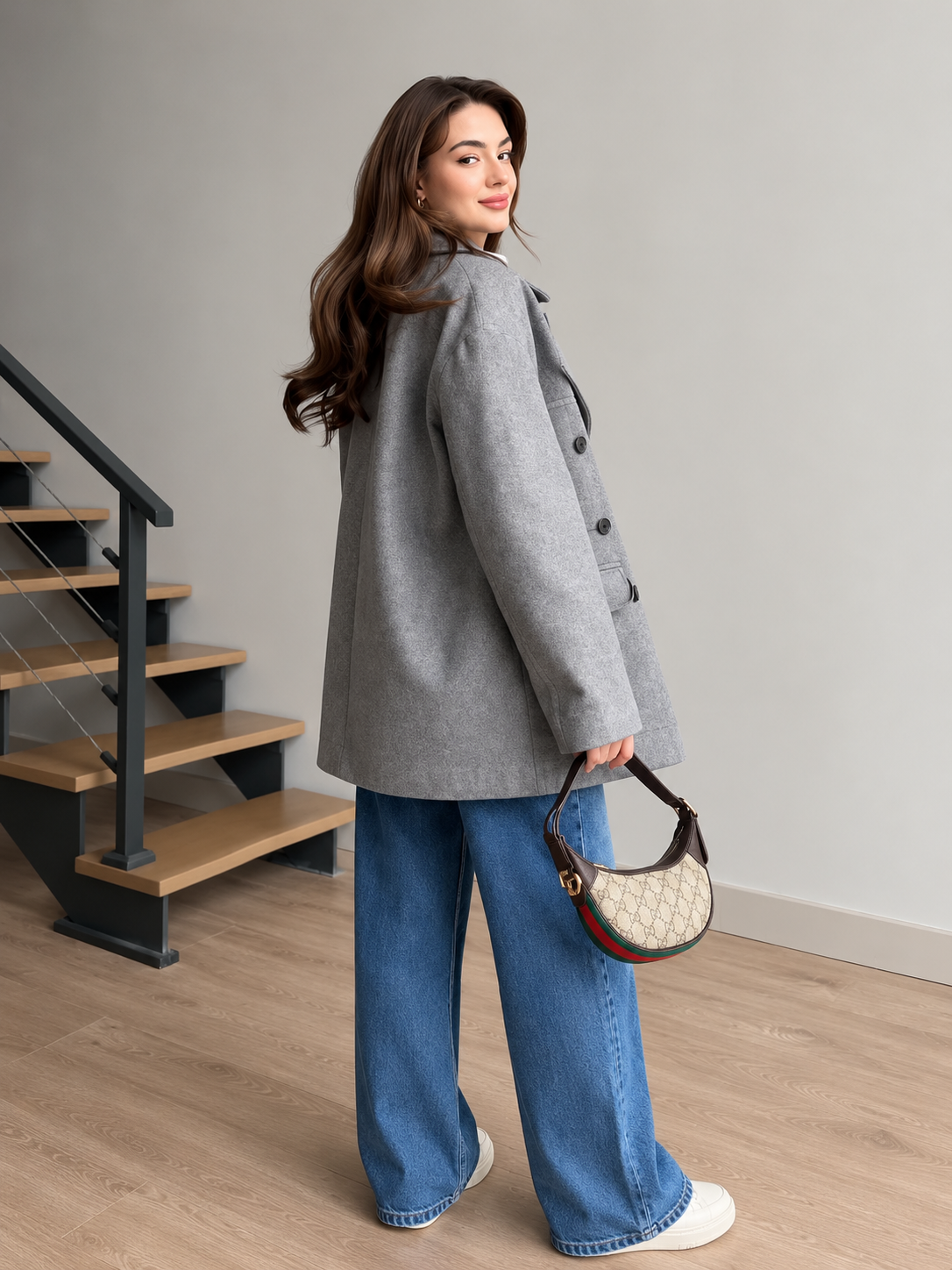 Metro Fleece Coat Grey side view with bag