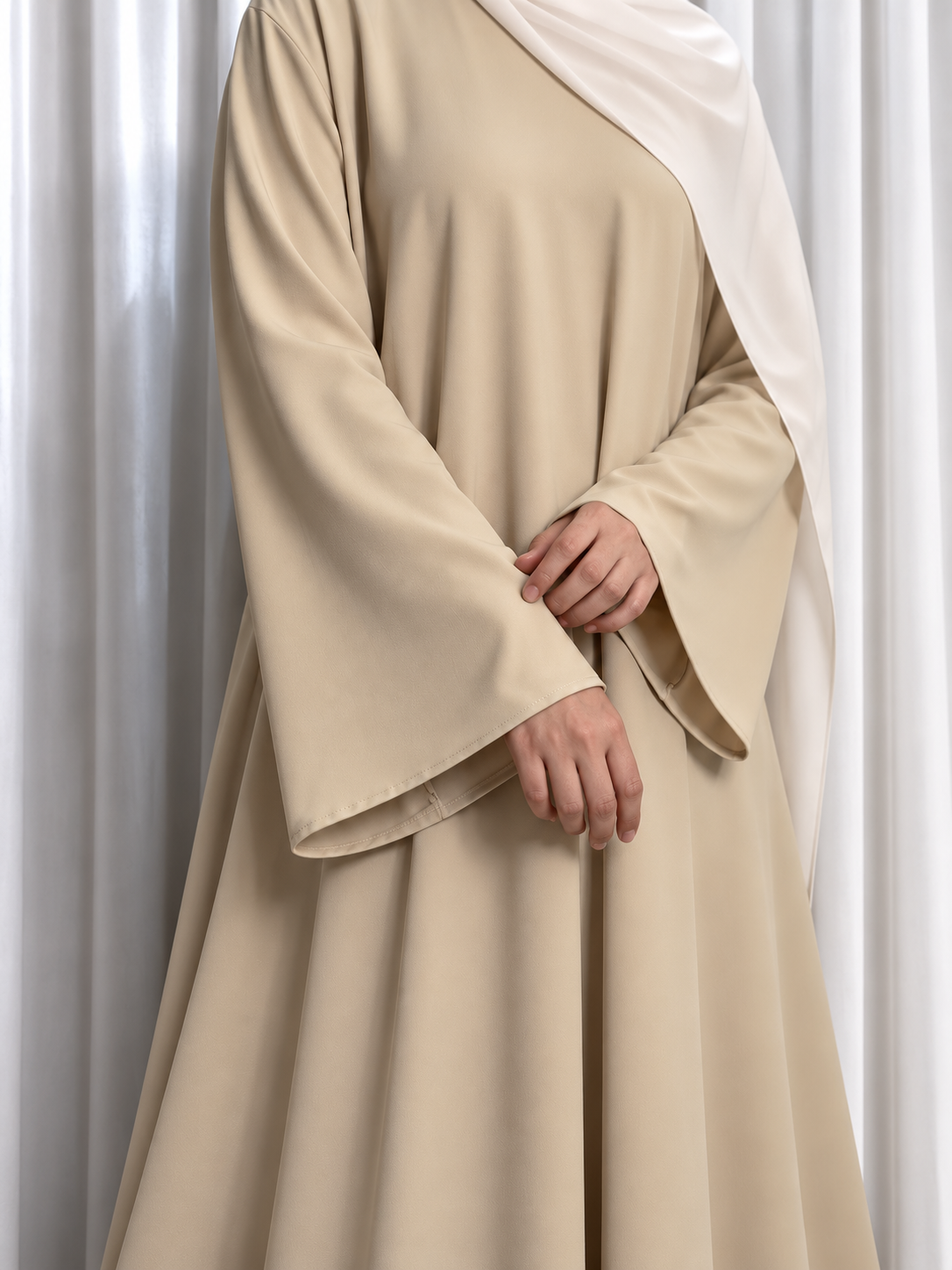 Nazakat Abaya in Beige Nida fabric, sleeve detail view. Abaya only; hijab not included.