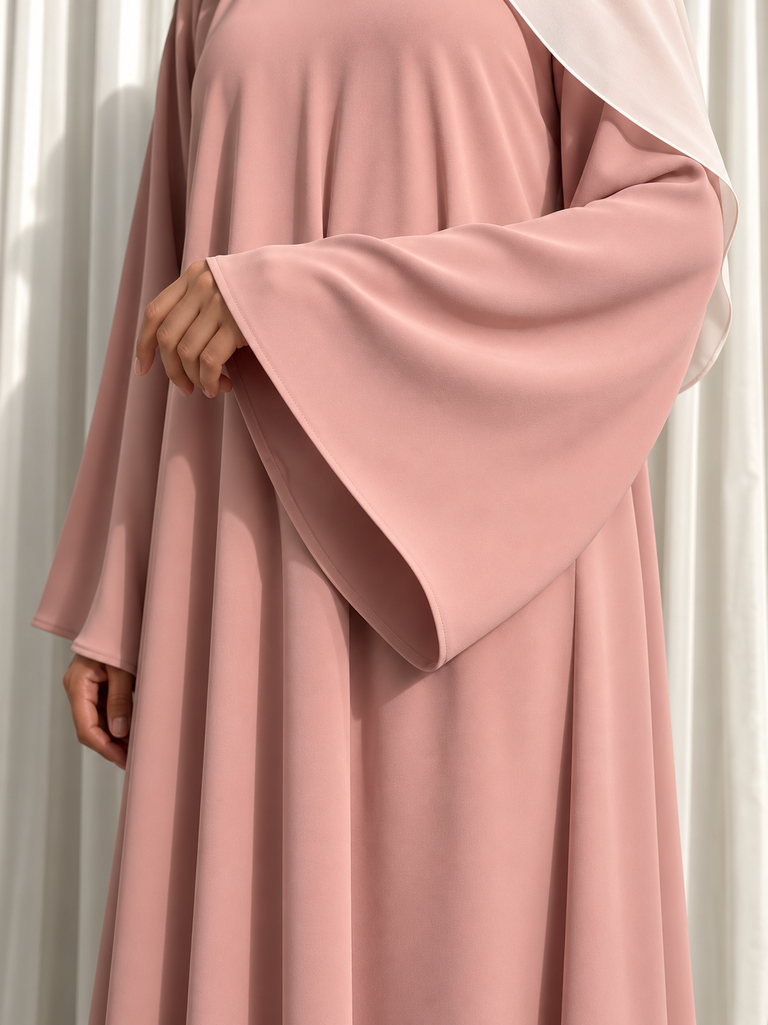 Nazakat Abaya in Dusty Pink Nida fabric, sleeve detail view. Abaya only; hijab not included.