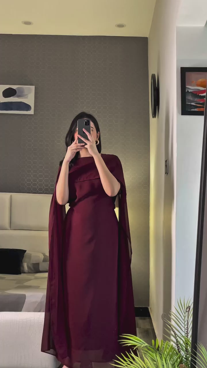 Graceful Cape Shawl Dress MAROON