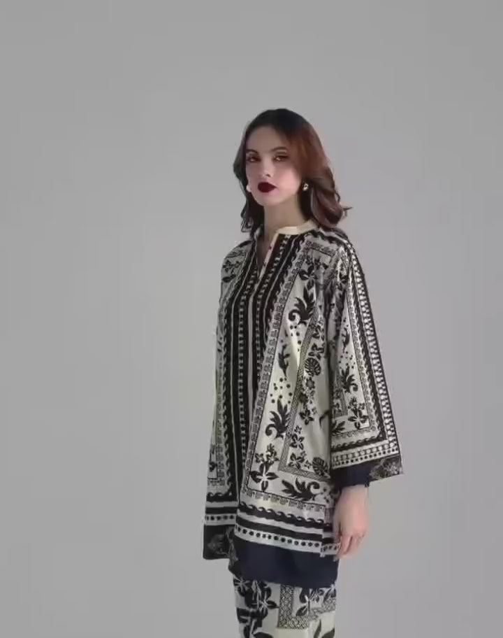 Noor Luxe Printed Co-Ord Set – Cream & Ebony