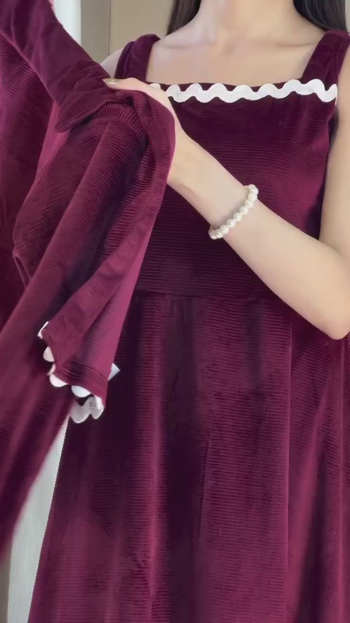 Elegant Berry Velvet Midi Dress with Contrast Trim Jacket Set