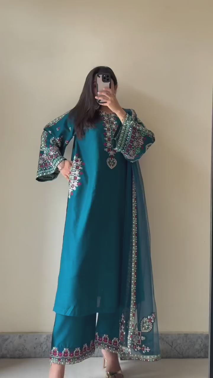 Teal Elegance Embroidered 3-Piece Suit