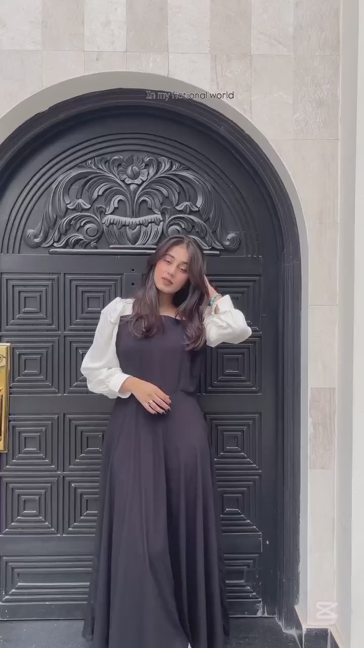 Classic Black Maxi Dress with Elegant White Chiffon Sleeves