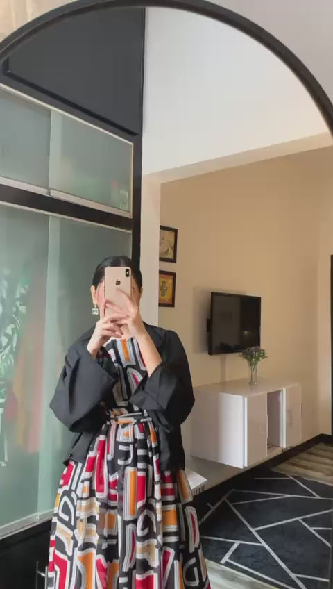 Vibrant Abstract Maxi with Cropped Black Coati