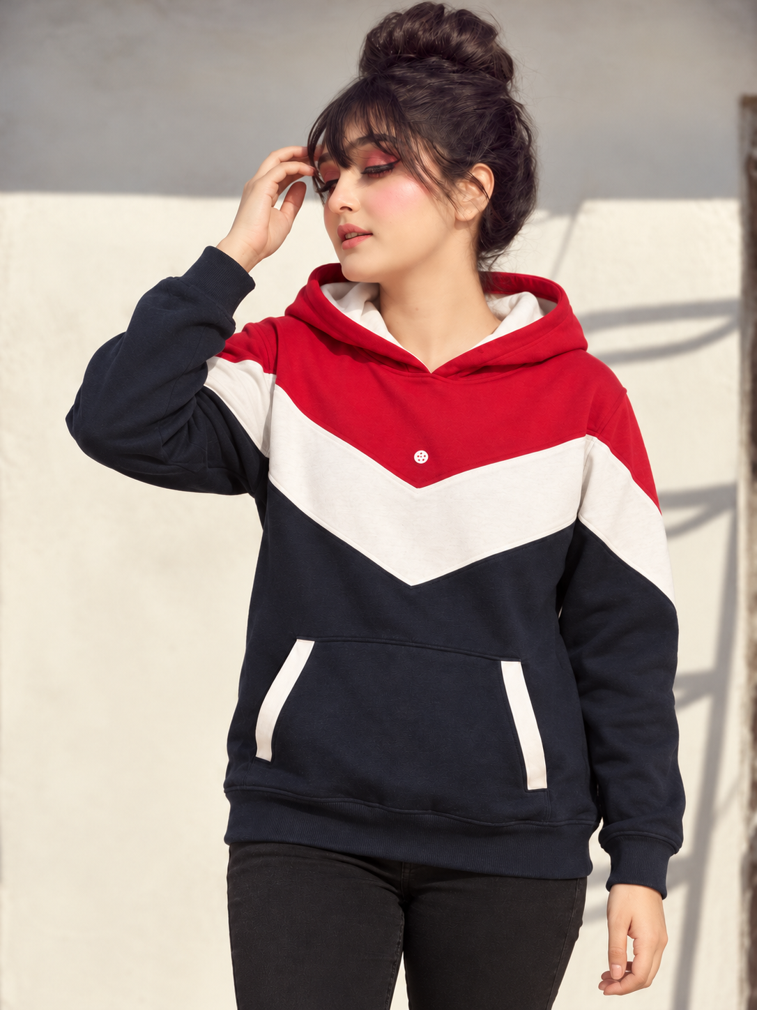 Retro Chevron Hoodie in red, off-white and navy, hand brushing fringe