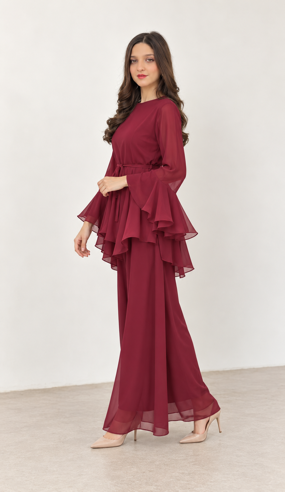 Rose Bell maroon co-ord — side pose