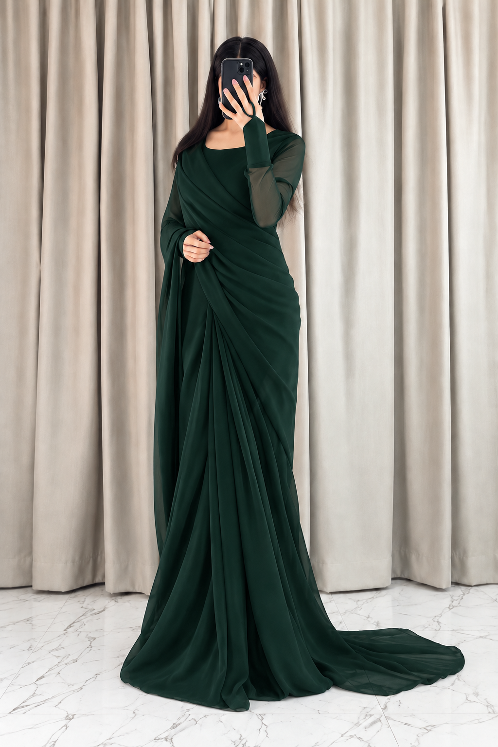 Sabz Meher Saree — Dark Green — Front view