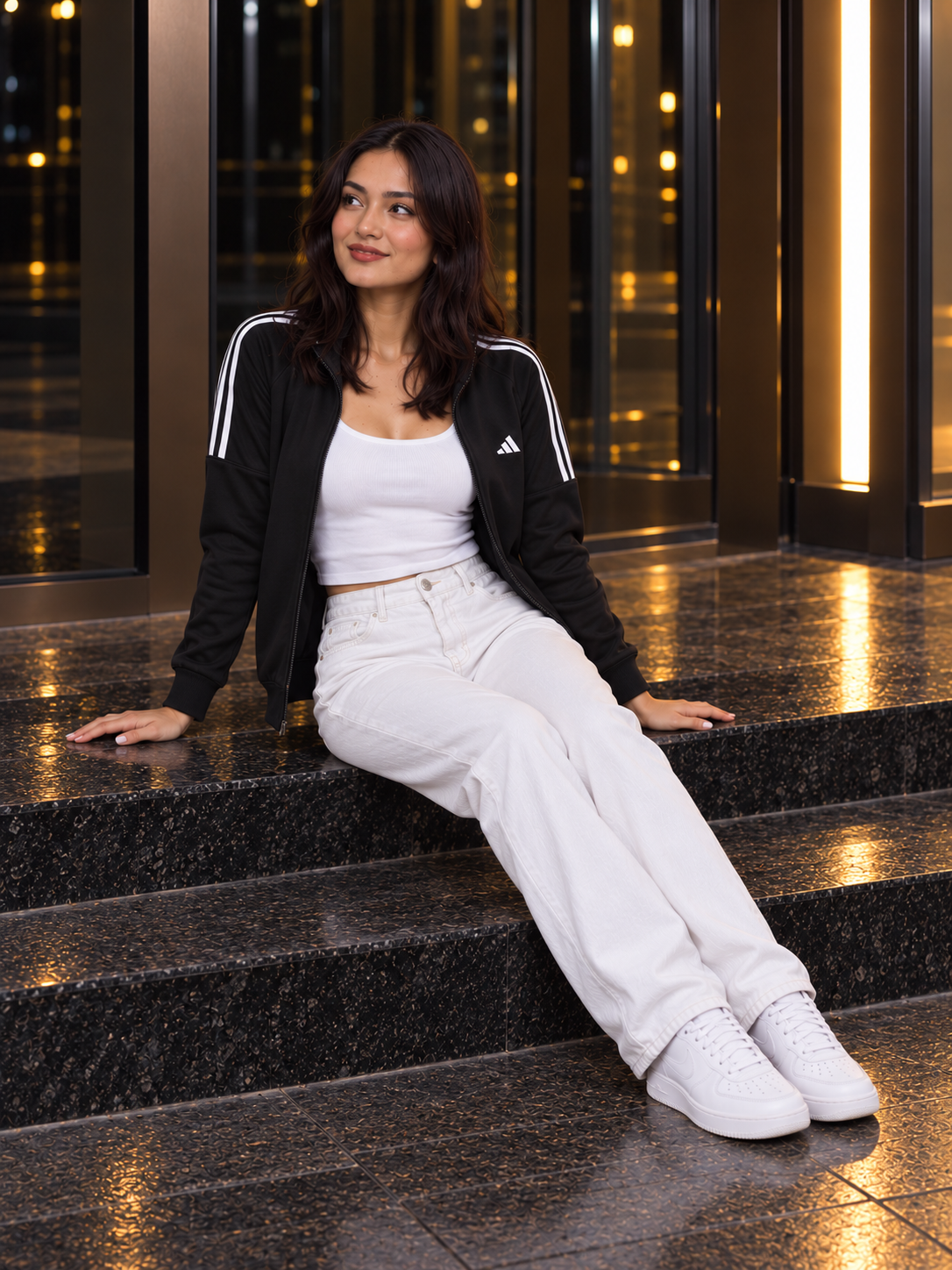 Tempo Track Jacket in black, open zip relaxed seated pose with white inner
