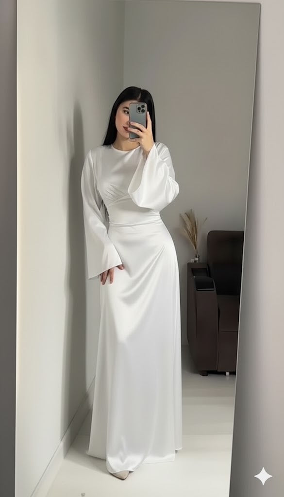 WHITE Silk Adjustable Bodycon Maxi Dress – Elegant Silky Fit with Cust – Badam