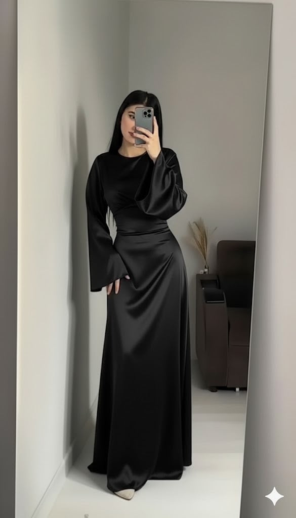 BLACK Silk Adjustable Bodycon Maxi Dress – Elegant Silky Fit with Custom Waist design