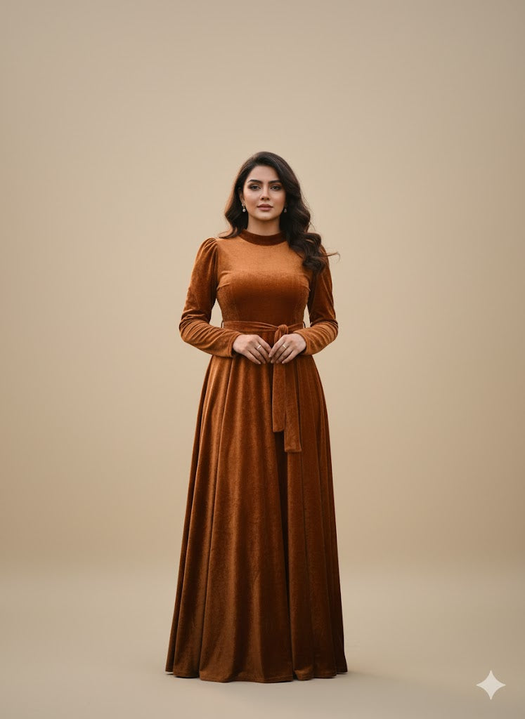 Elegant Mustard Velvet Maxi Dress with Long Sleeves