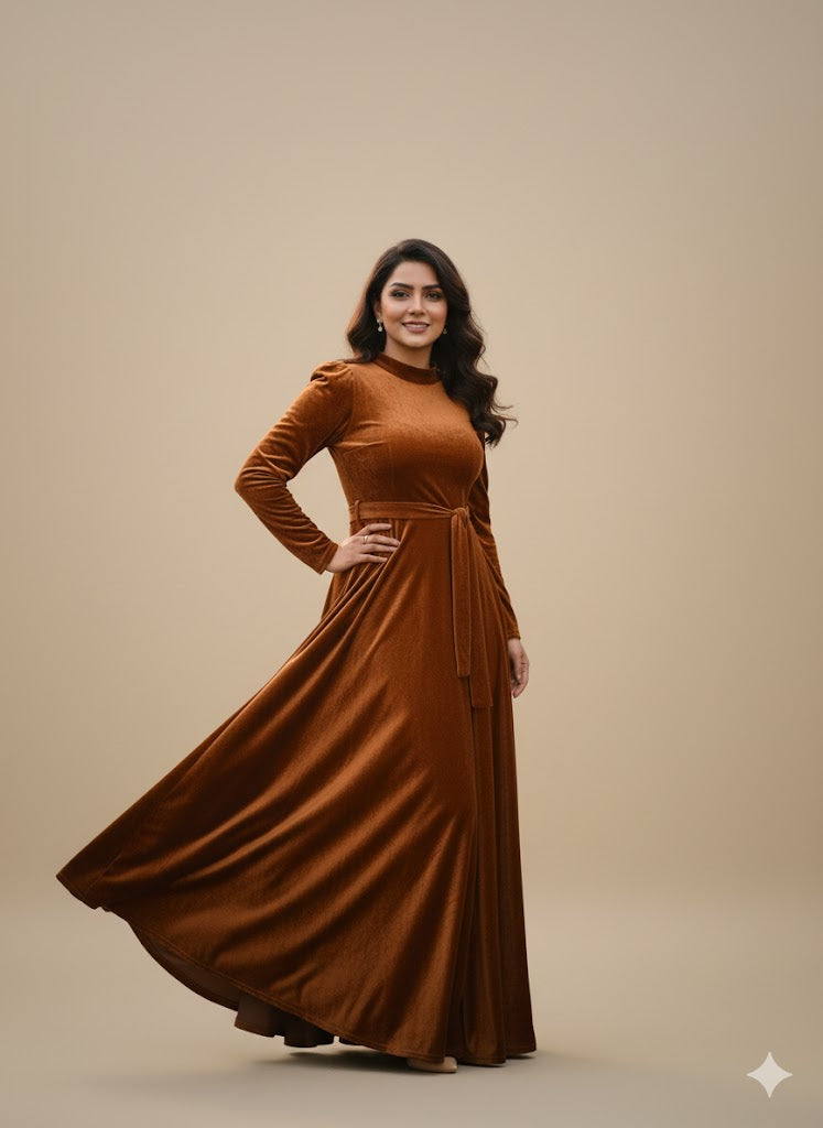 Elegant Mustard Velvet Maxi Dress with Long Sleeves