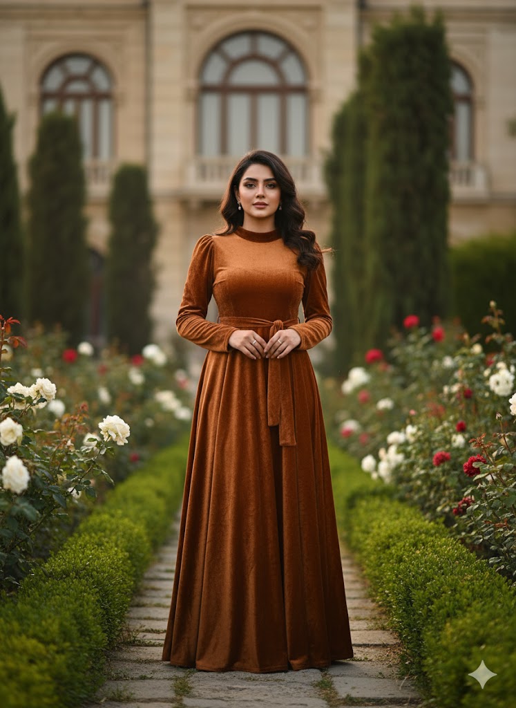 Elegant Mustard Velvet Maxi Dress with Long Sleeves