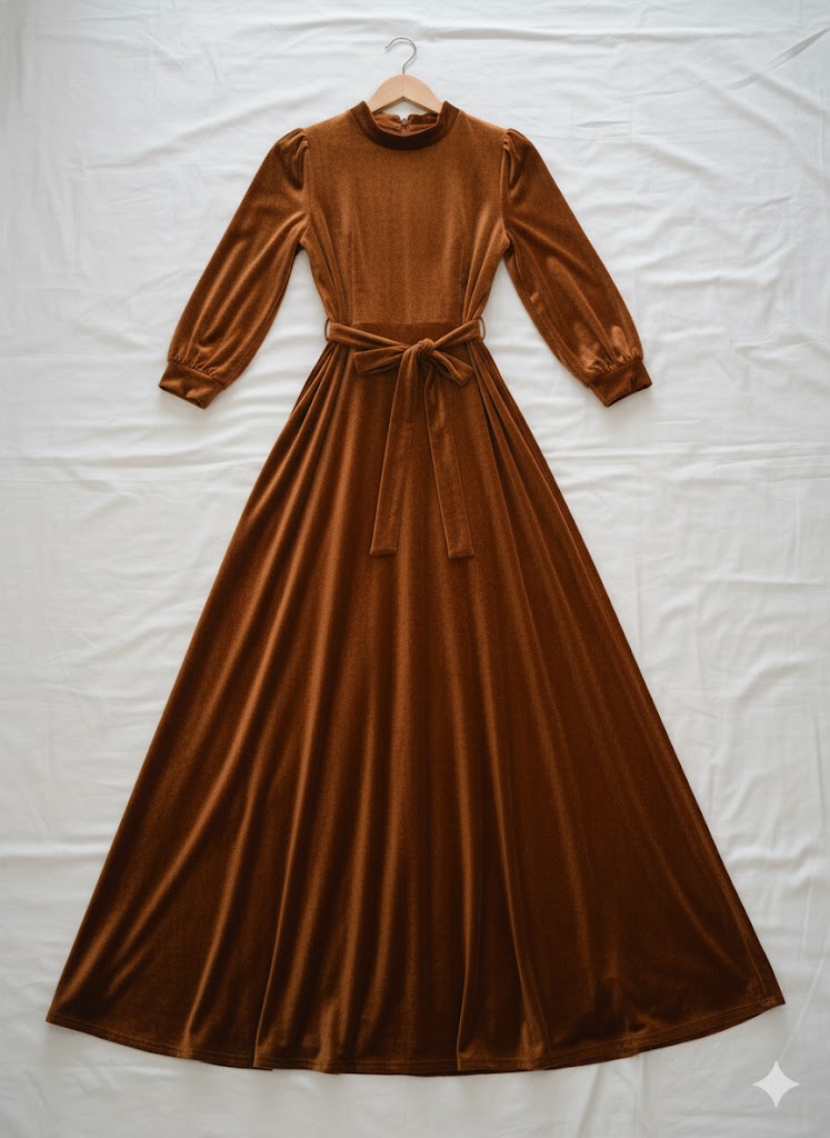 Elegant Mustard Velvet Maxi Dress with Long Sleeves