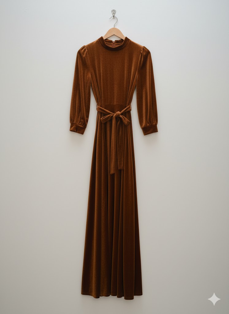 Elegant Mustard Velvet Maxi Dress with Long Sleeves