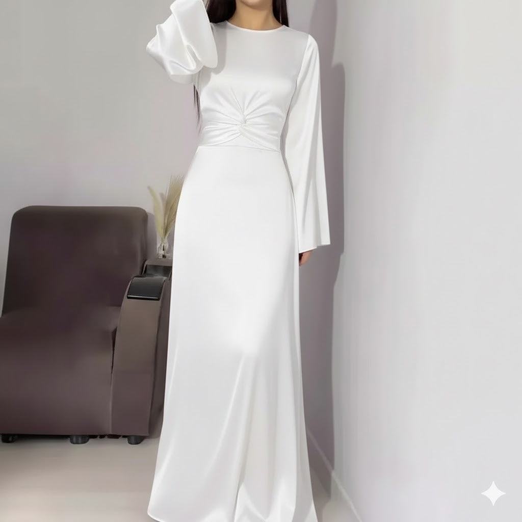WHITE Silk Adjustable Bodycon Maxi Dress – Elegant Silky Fit with Custom Waist design