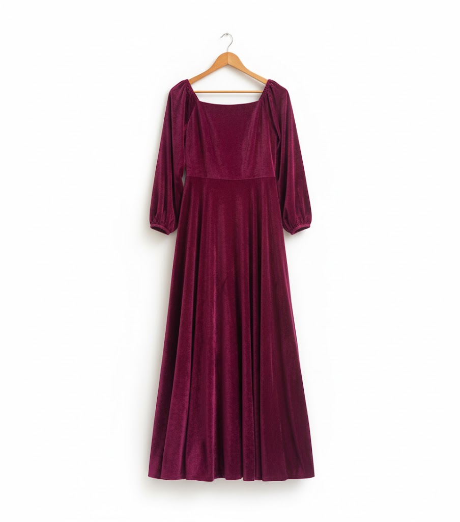 Elegant Plum Velvet Maxi Dress with Long Sleeves