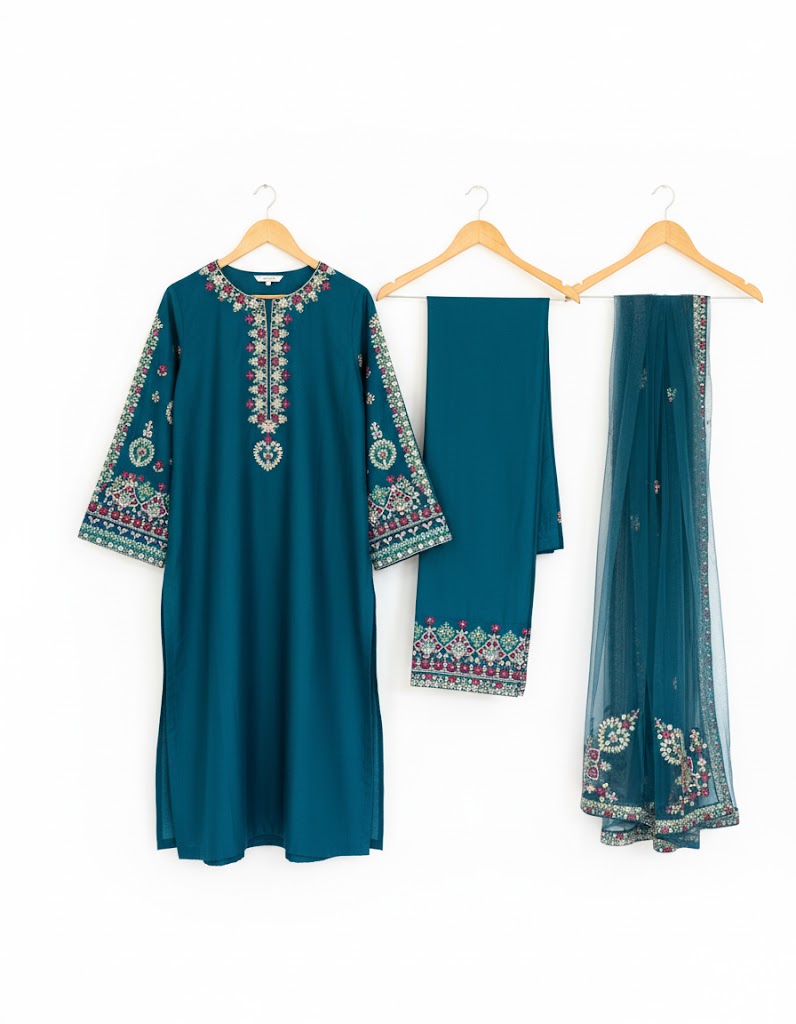Teal Elegance Embroidered 3-Piece Suit
