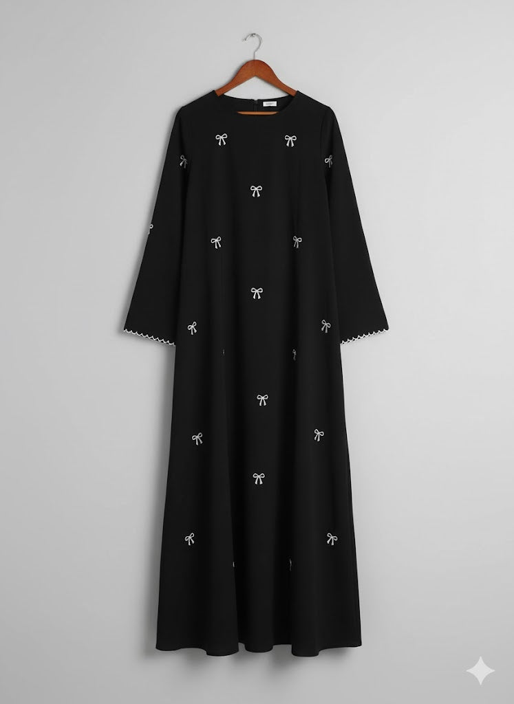 Elegant Black Bow Embroidered Abaya with stoller
