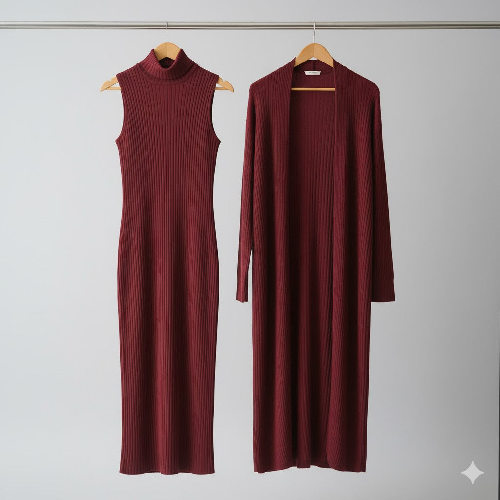 2-Piece Winter Co-ord Set – Long Shrug & Knitted Turtleneck Dress