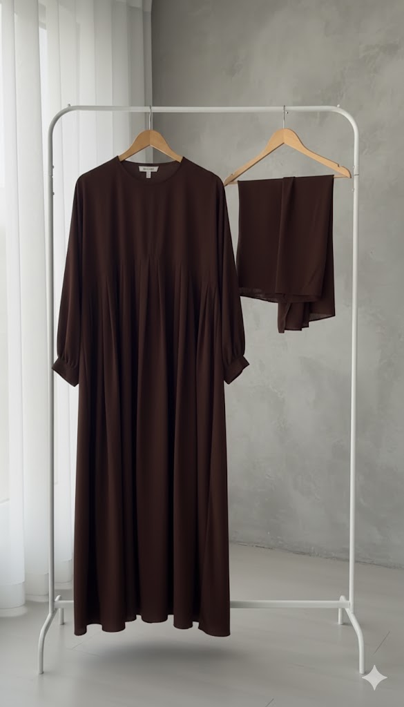 Elegant Chocolate Brown Abaya with Ruched Sleeves